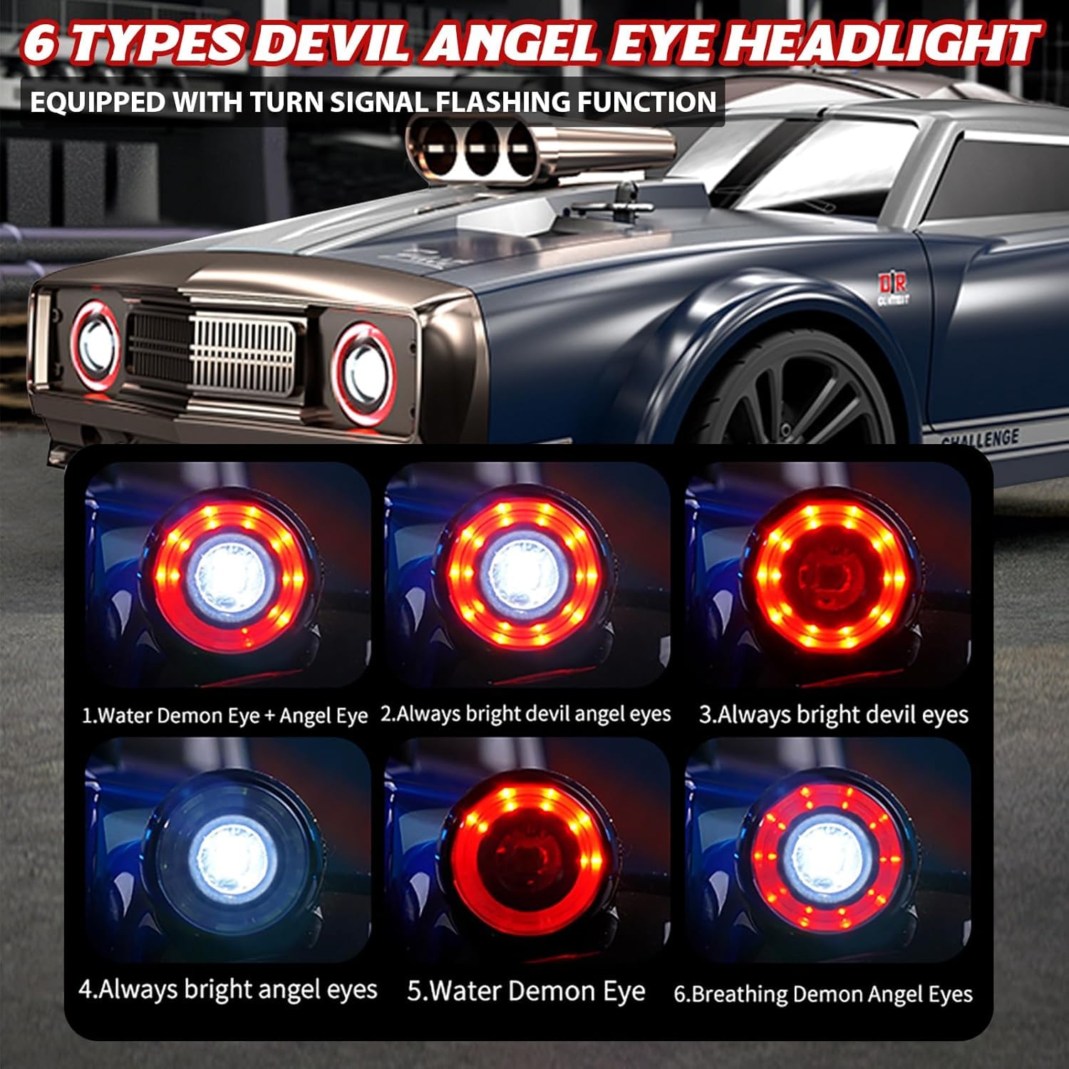 1:16 Brushless RC Drift Car, 4WD High Speed Remote Control Car for Adults & Kids, 38+ KM/H Fast Racing Vehicle with 6 Modes Devil Angel Eye Headlights, 2 Batteries & Extra Drift Tires - Image 8