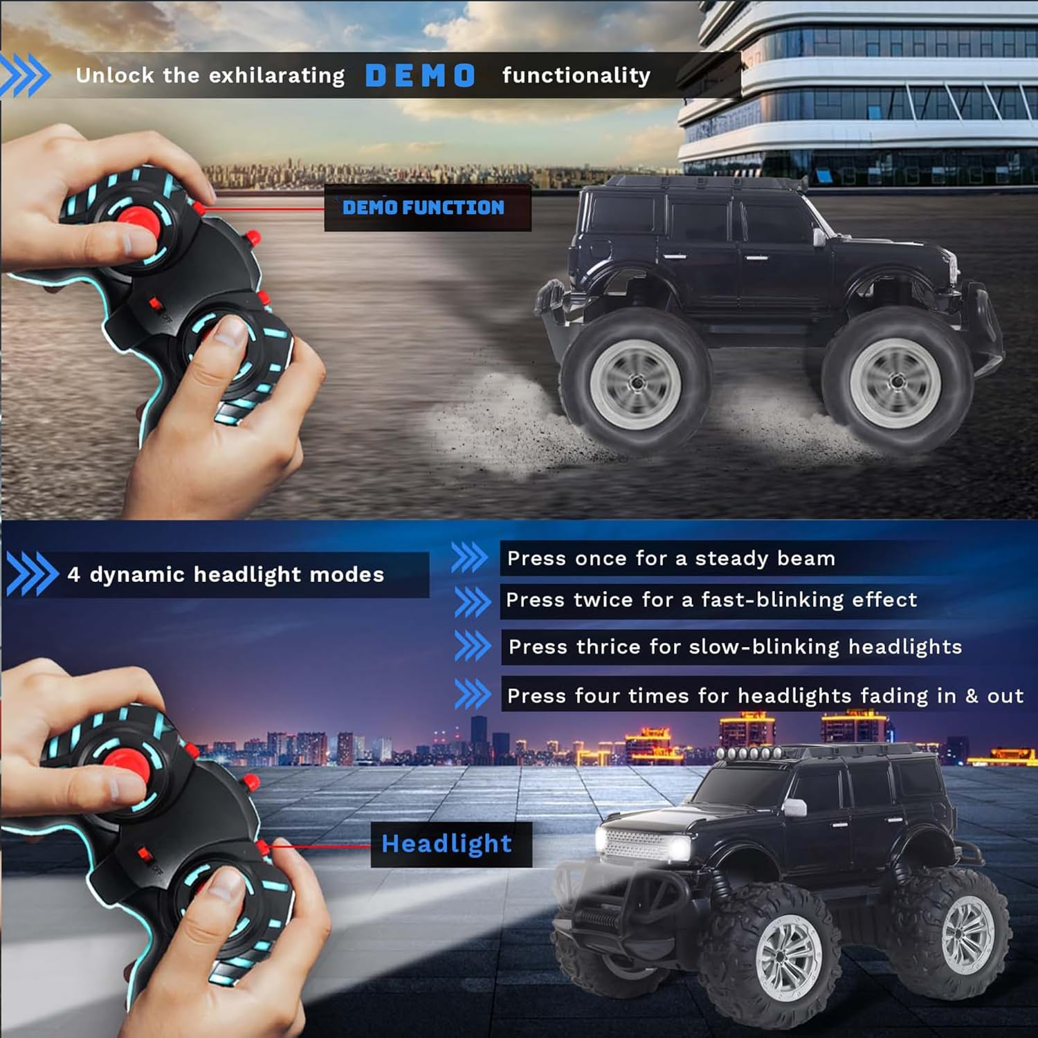 popsugar Off Roader Rechargeable Remote Control Car | RC Car Monster Truck | 4 Headlight Modes | Lithium Battery | C-Type Charging | 2.4GHz Remote Controller | Made in India, Black - Image 7