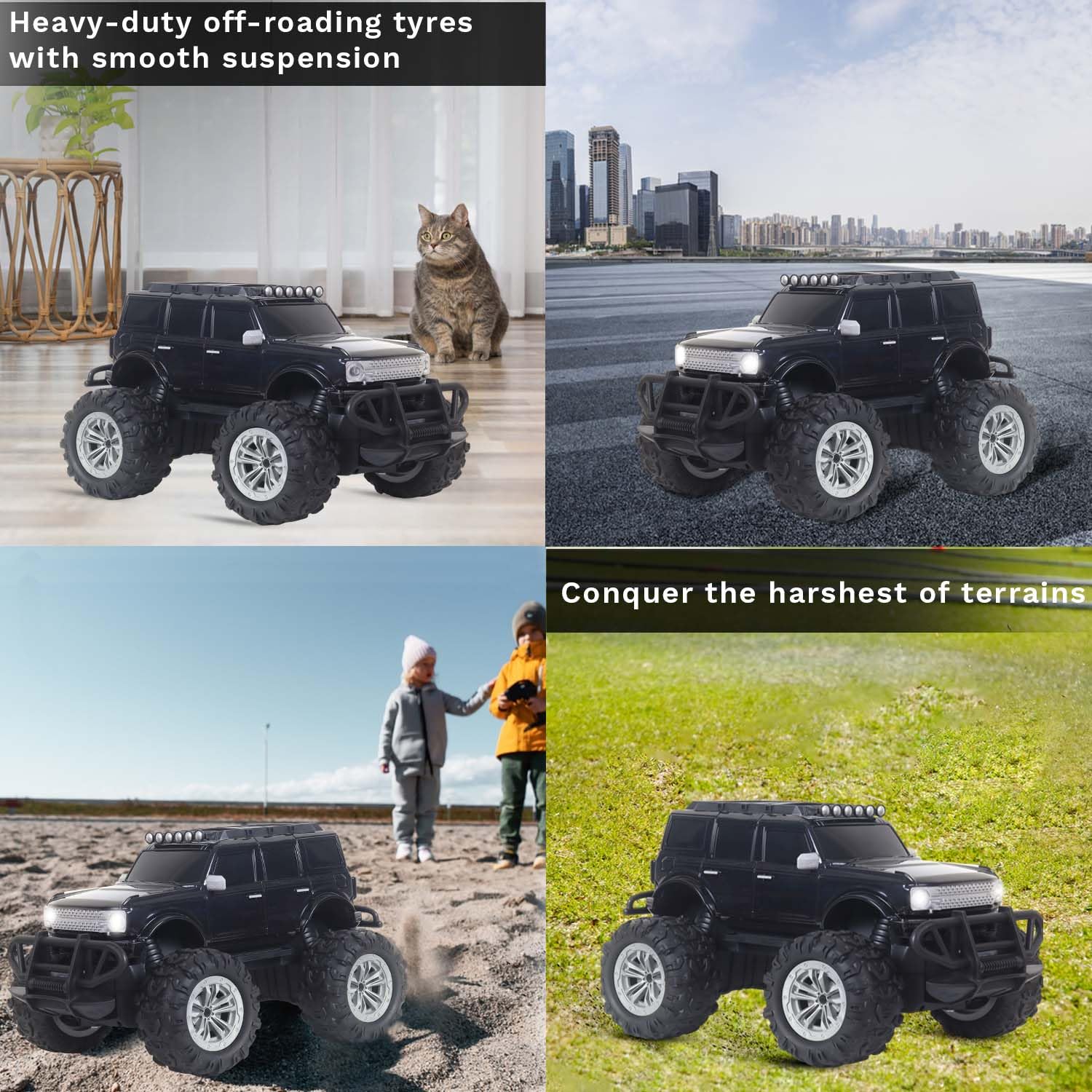 popsugar Off Roader Rechargeable Remote Control Car | RC Car Monster Truck | 4 Headlight Modes | Lithium Battery | C-Type Charging | 2.4GHz Remote Controller | Made in India, Black - Image 5