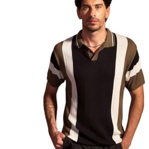 OTTO Men's Olive Brown and Black Vertical Textured Stripes Polo T Shirt | Casual Wear for Men