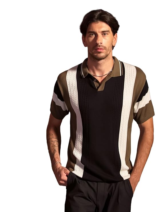 OTTO Men's Olive Brown and Black Vertical Textured Stripes Polo T Shirt | Casual Wear for Men